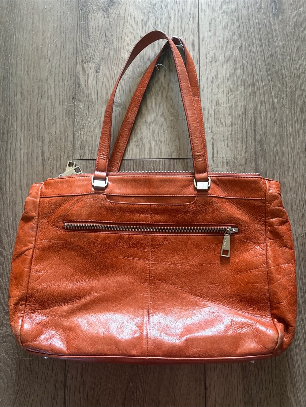 HOBO Orange Leather Shoulder Tote with Front Zip Pocket